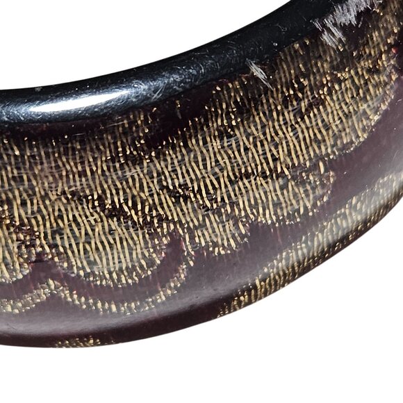 Elegant Vintage Gold Patterned Black Resin Bangle Bracelet Retro Fashion Jewelry - Picture 3 of 4